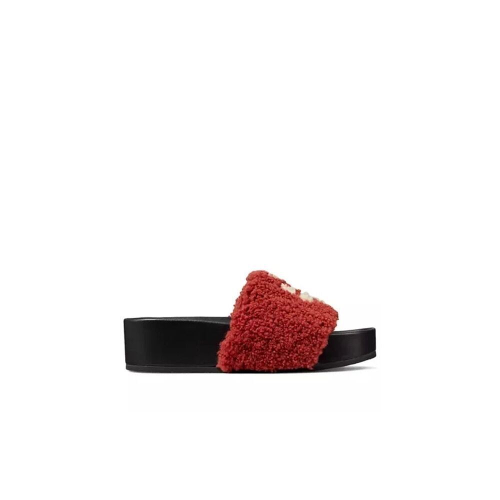 New Tory Burch Double T Fuzzy Shearling Platform Slides Sandals Slippers Sz 10